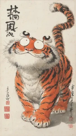 Comical Tiger Ink Painting — Midjourney v6 AI Prompt: Chinese ink painting of a comical, exaggerated tiger with enormous saucer-shaped...