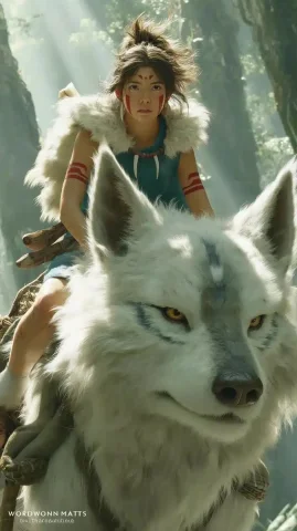 Cinematic Girl on Wolf — Midjourney v6 AI Prompt: A hyper-realistic cinematic photo of a young Japanese girl with tribal war paint...