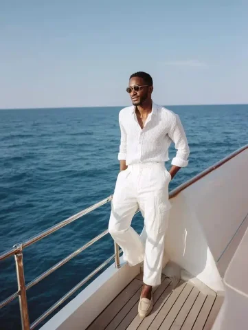 Nautical Man on Yacht — Midjourney v6 AI Prompt: a lean, masculine man standing on the deck of a luxury yacht with an open sea ba...