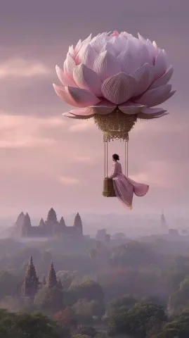 Surreal Aerial View of Angkor Wat — Midjourney v6 AI Prompt: A surreal, romantic aerial view above the misty jungles surrounding Angkor Wat,...