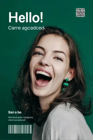Modern Portrait with QR Code — Midjourney v6 AI Prompt: A young woman with Slavic features, expressing joy with an open mouth, is set ag...