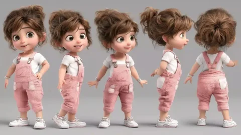 3D Pixar Character Sheet — Midjourney v6 AI Prompt: Create a 3D character sheet of a 3-4-year-old Spanish girl in **Pixar style**. T...