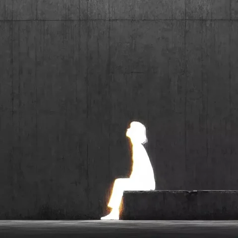 Minimalist Girl Silhouette — Midjourney v6 AI Prompt: minimalist human scale figure of a little girl with not too long hair, sitting i...