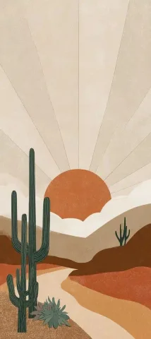 Minimalist Desert Cacti Poster — Midjourney v6 AI Prompt: Minimalist boho poster with a desert landscape, sun, and cacti, vector illustrat...