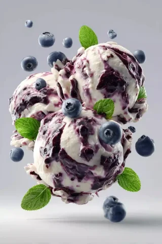 Realistic Ice Cream Poster — Midjourney v6 AI Prompt: an ice cream with blueberry jam swirls and blueberries and fresh mint leaves flo...