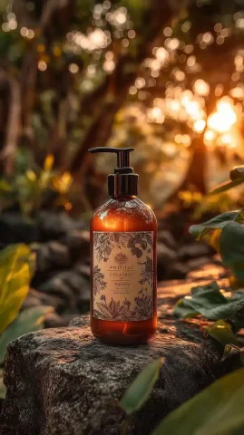Amber Hand Cream in Jungle — Midjourney v6 AI Prompt: A photo of a luxurious amber-colored hand cream bottle with a black pump dispens...