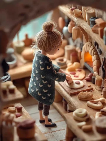 Miniature Girl Making Pizza — Midjourney v6 AI Prompt: A girl wearing a heart - patterned sweatshirt .Standing in a beautiful, impressi...