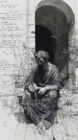 Apostle Peter Sketch Study — Midjourney v6 AI Prompt: Portrait of the ancient Apostle Peter (35 yrs old), in anguish realizing he deni...