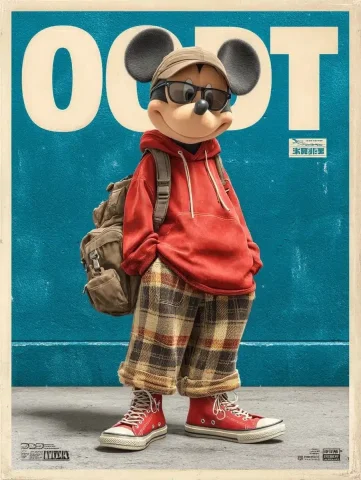 Vintage Manga Mickey Poster — Midjourney v6 AI Prompt: A vintage poster of the movie OOTD, a Mickey mouse is wearing a red hoodie, brow...