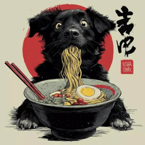 Cartoon Dog Slurping Ramen — Midjourney v6 AI Prompt: A wide-eyed black dog, comically slurping long noodles from a large ramen bowl....