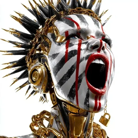 Metallic Punk Android Portrait — Midjourney v6 AI Prompt: Create a striking portrait of a smooth polished gold, silver metallic dramatic b...