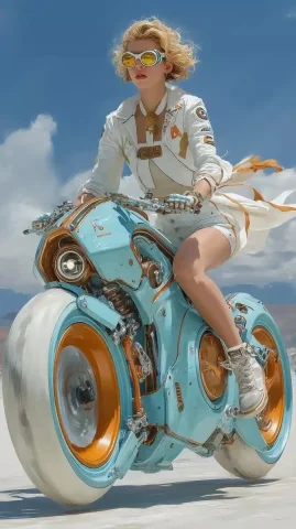 Retro Futuristic Bicycles Running — Midjourney v6 AI Prompt: futuristic retro bicycles with no wheels and a female who is 19 years old, runni...