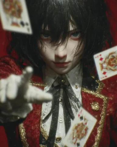 Dramatic Kakegurui Character Portrait — Midjourney v6 AI Prompt: 1boy, solo, kakegurui, jabami yumeko, black hair, hime cut, long sidelocks, blue...