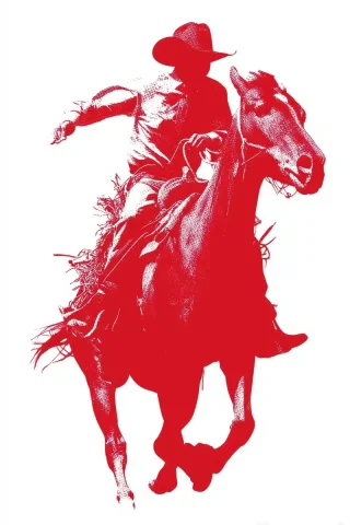 Pop Art Cowboy Rodeo — Midjourney v6 AI Prompt: graphic art of cowboy at rodeo, red solid color, pop art print, solid color, bla...
