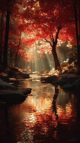 Surreal Autumn Forest Scene — Midjourney v6 AI Prompt: A sunny autumn forest with a red maple tree and a serene stream of water, filled...