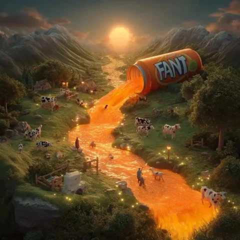 Surreal Fanta Waterfall Landscape — Midjourney v6 AI Prompt: surreal scene of a giant Fanta can pouring orange liquid like a waterfall throug...