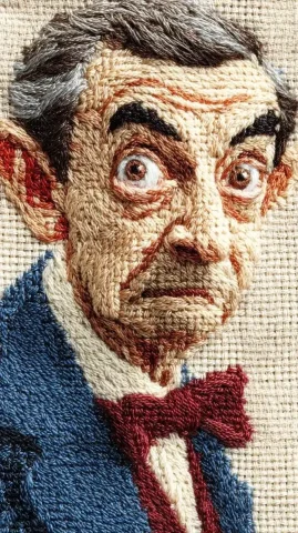 Cross Stitch Mr Bean Portrait — Midjourney v6 AI Prompt: a face of mr bean made in cross stitch, colored threads on a fabric. realistic,...