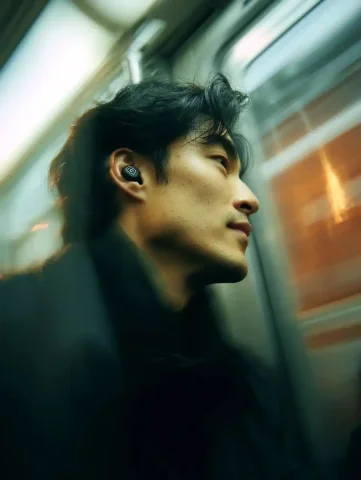 Urban Subway Motion Blur — Midjourney v6 AI Prompt: inside a moving subway car, over-the-shoulder view of a young Asian man wearing...