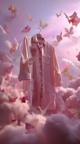 Dreamlike Pajamas Among Clouds — Midjourney v6 AI Prompt: Pajamas made of soft fabric, floating in the sky among the clouds. Lots of color...