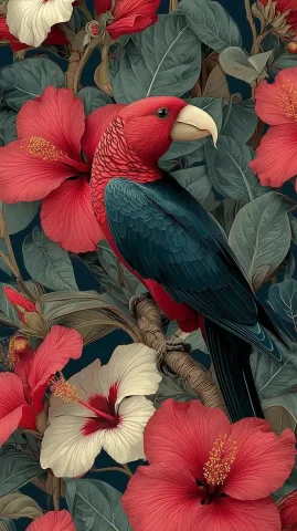 Tropical Flowers and Bird Vector — Midjourney v6 AI Prompt: tropical flowers wallpaper, featuring also a tropical bird, professional vector...