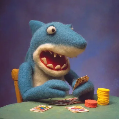Felt Shark Playing Poker — Midjourney v6 AI Prompt: a felt muppet version of an anthropomorphic shark playing poker by Jim henson --...