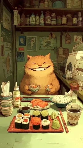 Fat Cat with Sushi — Midjourney v6 AI Prompt: Ravin, the big fat brown cat, feasts triumphantly on a plate of fresh sushi, his...