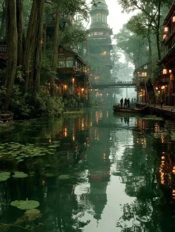 Cyberpunk City in Forest — Midjourney v6 AI Prompt: A cyberpunk style city in a quiet primitive forest, dominated by a cluster of Ch...