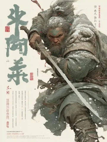 Ink Painting of Yang Zhi — Midjourney v6 AI Prompt: Traditional Chinese ink painting of Yang Zhi from Water Margin, lean warrior in...