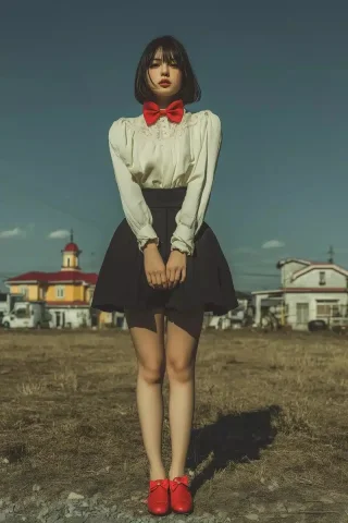 Photorealistic Portrait of Girl — Midjourney v6 AI Prompt: A full-body portrait of a Japanese young girl, ethereal beauty, wearing elegant...