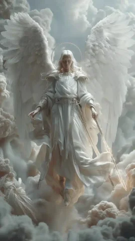 Cinematic Archangel Gabriel Scene — Midjourney v6 AI Prompt: Archangel Gabriel in flowing white and silver robes, majestic white wings extend...