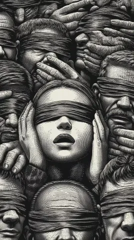 Blindfolded Crowd with Observer — Midjourney v6 AI Prompt: a crowd, all blindfolded. one figure has eyes that see. shocked --chaos 3 --ar 9...