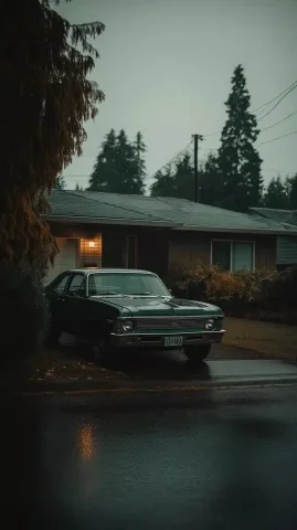 Nostalgic Home with Chevy — Midjourney v6 AI Prompt: A real estate photo of a front view of a middle-class home on a rainy day, there...
