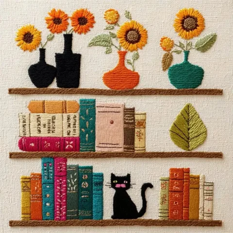 Embroidered Shelves with Vases — Midjourney v6 AI Prompt: A vintage-style embroidered artwork depicting three wooden shelves against a cre...