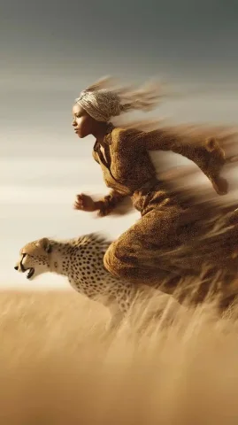 Cheetah and Woman in Motion — Midjourney v6 AI Prompt: A cheetah sprinting in perfect sync with an African woman, wind swirling, dust r...