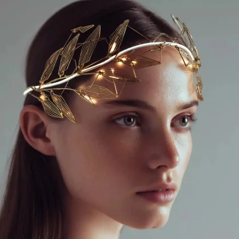 Minimalist Olive Leaf Headband — Midjourney v6 AI Prompt: [82165] Golden olive leaf headband, minimalist wearable device, weather/air/humi...