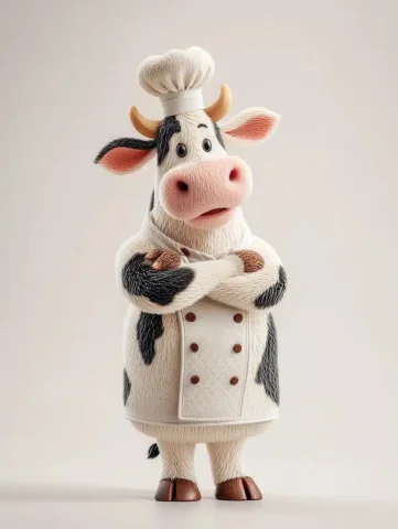 Animated Chef Cow Design — Midjourney v6 AI Prompt: A cute, happy cow in white chef's stands with its arms crossed and smiles slight...