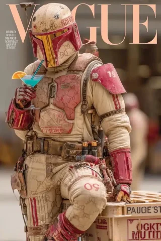 Mandalorian in Gucci Jumpsuit — Midjourney v6 AI Prompt: vogue magazine photo cover, Mandalorian in a custom Gucci-stitched utility jumps...