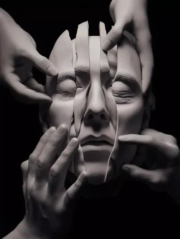 Surreal Faceless Head Sculpture — Midjourney v6 AI Prompt: a surreal close-up of a faceless human head splitting open into multiple symmetr...