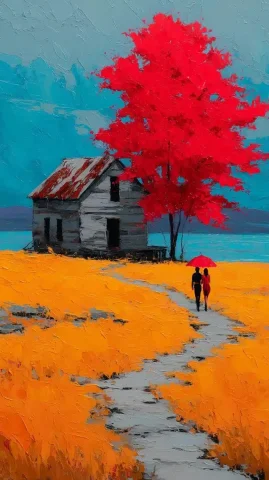 Impasto Maple Landscape Scene — Midjourney v6 AI Prompt: Blazing impasto oil-on-canvas vista showcasing a scarlet maple ablaze with sculp...