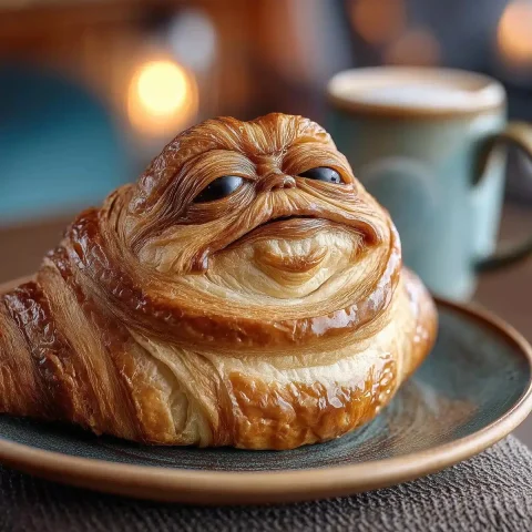 Jabba the Hutt Croissant — Midjourney v6 AI Prompt: a croissant shaped like Jabba the Hutt, where the taper end of the croissant is...