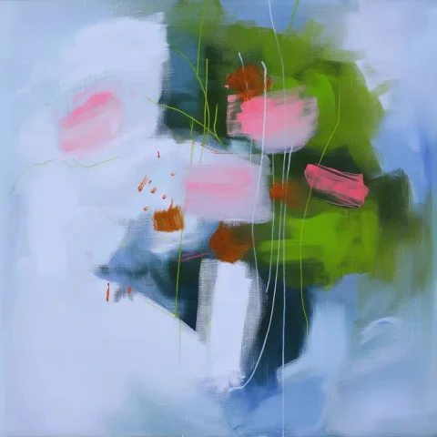 Abstract Pink Shapes Canvas — Midjourney v6 AI Prompt: [an abstract painting on canvas] abstract painting, pink shapes on a white backg...