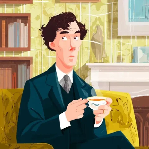 Illustration of Sherlock Holmes — Midjourney v6 AI Prompt: sherlock holmes benedict cumberbatch with tea in flat, illustration --v 7 --styl...
