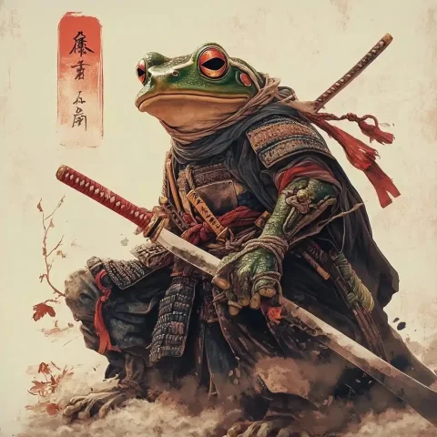 Samurai Frog Yokai Battle — Midjourney v6 AI Prompt: a samurai frog yokai protector who is known for battling the western demigod abr...