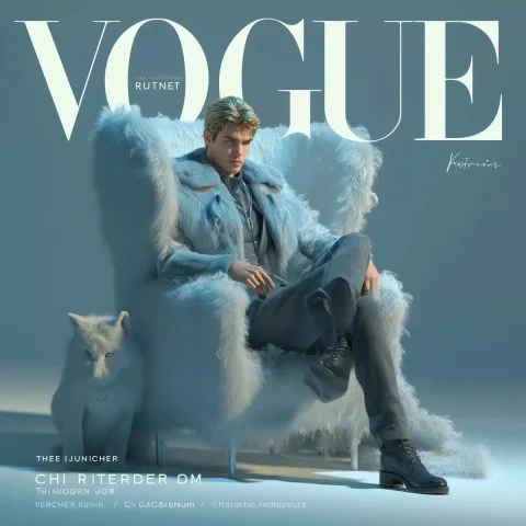 Hyper-Realistic Model in Chair — Midjourney v6 AI Prompt: A beautiful male model in blue fur sitting inside an open, giant, light grey, fl...