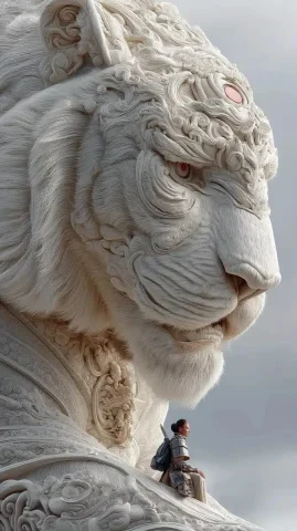 Joseon Tiger with General — Midjourney v6 AI Prompt: A colossal white tiger symbolizing Korea, hyper-detailed fur texture, intricate...