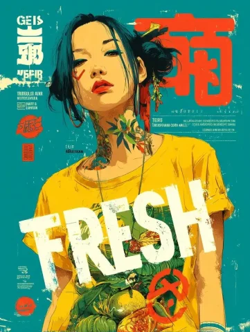 Graffiti Geisha with Tropicals — Midjourney v6 AI Prompt: japanese styling. "FRESH TERPS OF GEL-AIR" STYLED IN GRAFFITI HARD LINES CENTERE...