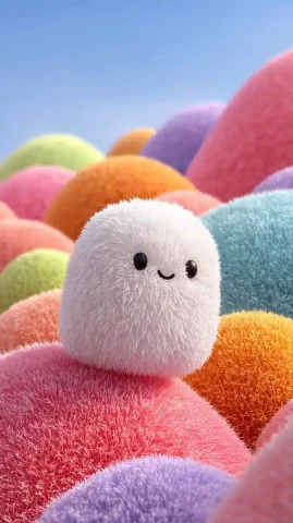 Fluffy Character Among Pastel Hills — Midjourney v6 AI Prompt: a fluffy white character with a round body and cute black eyes, smiling gently,...