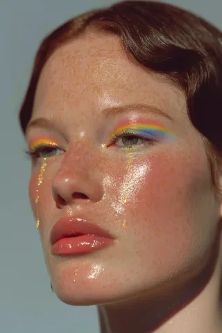 Colorful Liquid Tears Portrait — Midjourney v6 AI Prompt: The image depicts a close-up of a woman’s face with striking features. She has f...