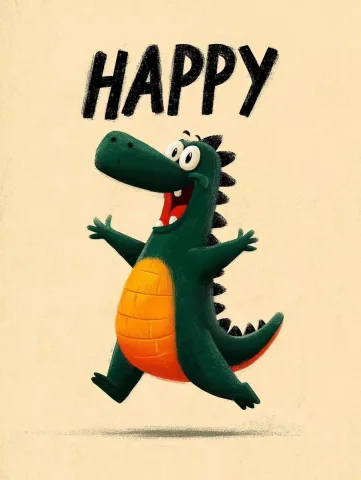 Playful Dinosaur Retro Poster — Midjourney v6 AI Prompt: Minimalist 2D retro vector poster. The word "HAPPY" appears in large, bold, play...