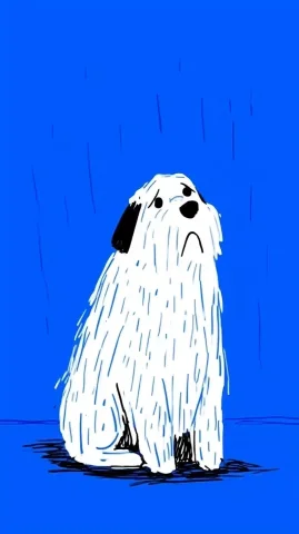 Minimalist Sad Puppy Illustration — Midjourney v6 AI Prompt: minimalistic illustration of a very sad puppy, dog. Dog sits and cries, blue fil...
